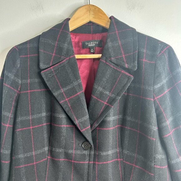Talbots Blazer Jacket Womens 14 Black Red Plaid Wool Blend Preppy Academia - Picture 2 of 10